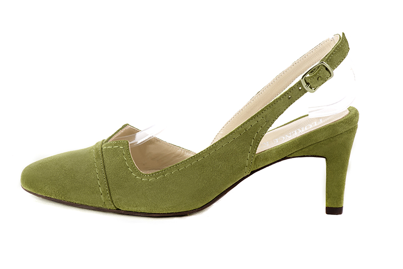 Pistachio green women's slingback shoes. Round toe. Medium comma heels. Profile view - Florence KOOIJMAN